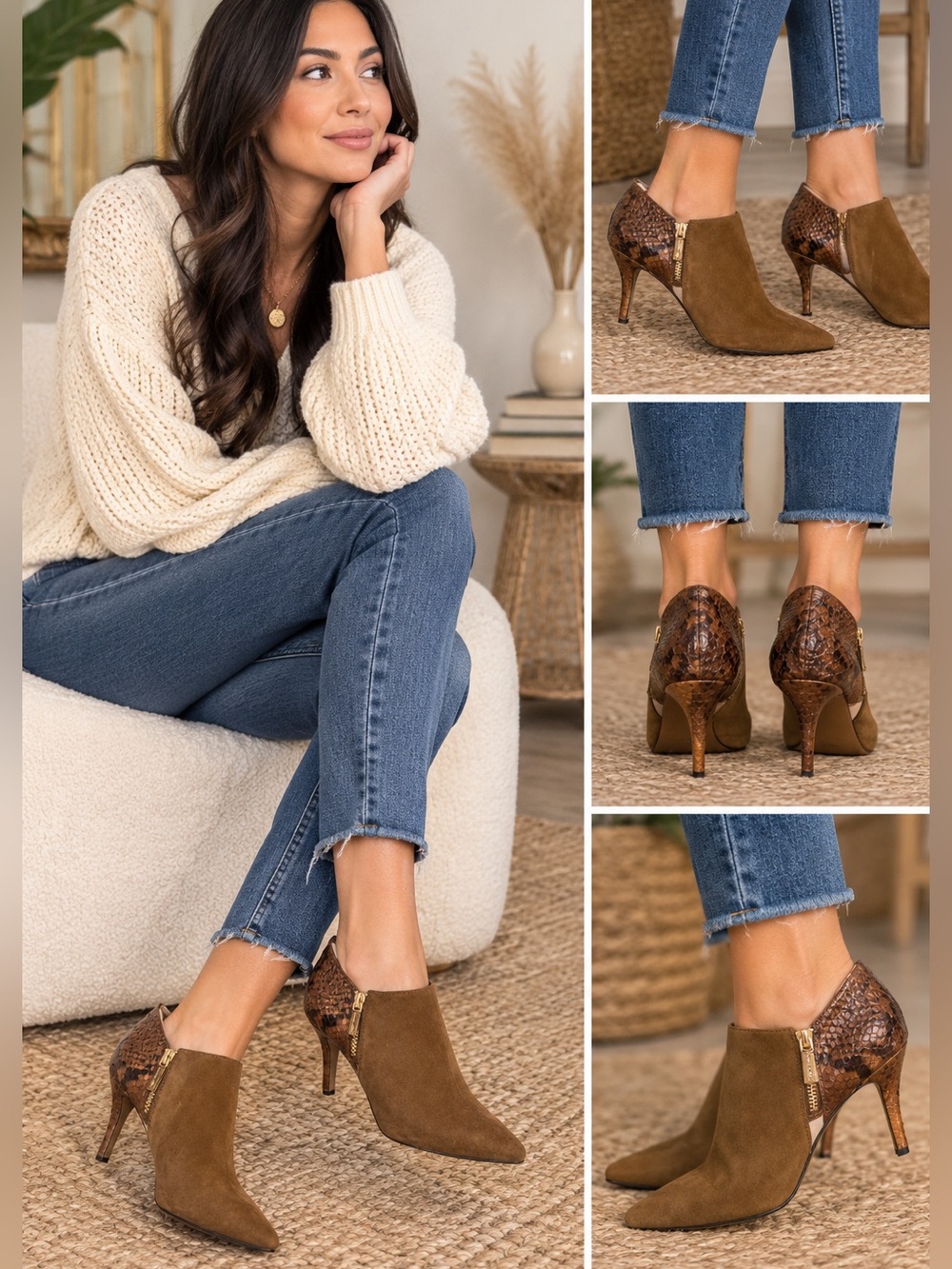 Michael Kors Chestnut Suede Pointed Toe Ankle Booties w/ Snakeskin Heel size 6M